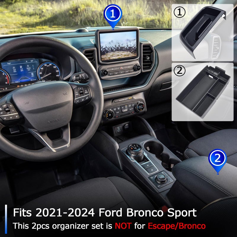 TOPINSTALL مجموعة TOPINSTALL الجديدة المكونة من قطعتين متوافقة مع ملحقات Ford Bronco الرياضية 2021-2024، ومنظم وحدة التحكم في مسند الذراع، وحامل الهاتف (ليس للهروب وبرونكو ولوحة القيادة 2025) - Image 2